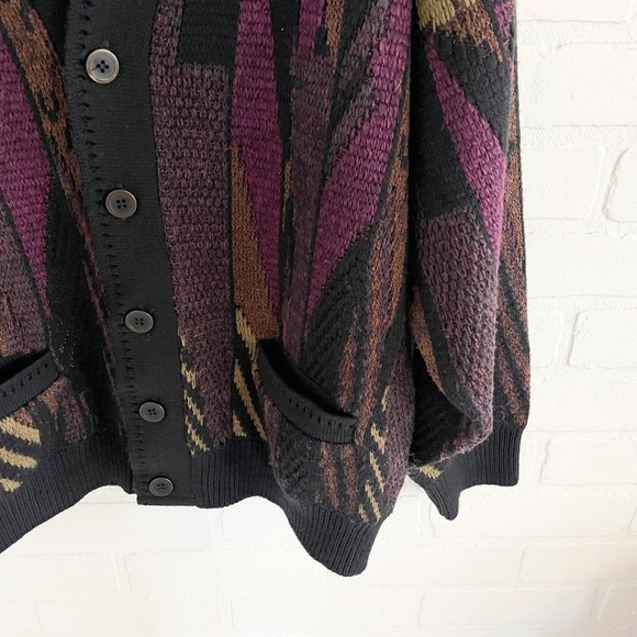 Vintage Knit Sweater Cardigan 3D knit Grandpa Dad energy Kurt Cobain Black Tan L - Picture 3 of 13